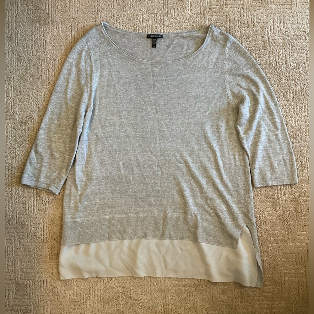 💕🩶 Eileen Fisher Linen Blend Top Silk Trim Gray L 3/4 Sleeve Minimalist Capsule